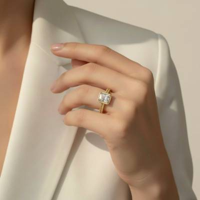 Bague Aigue-Marine Octogone & Diamants de Synthèse en Or Jaune 375 - Aurora