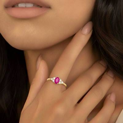 Bague Tourmaline Rose Ovale & Diamants de Synthèse 0,18 cts en Or jaune 375 - Aurora