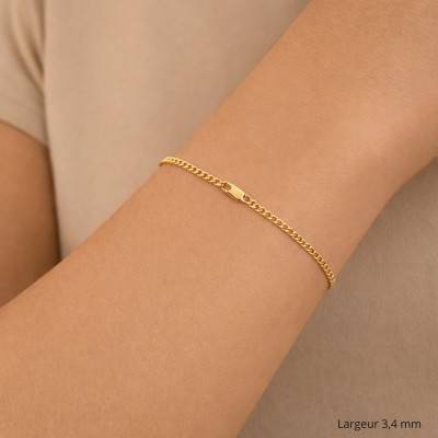 Bracelet Maille Gourmette en Plaqué Or Jaune, Longueur de 18 cm à 21 cm, Largeur 3,40 mm - Manillon