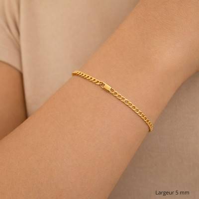 Bracelet Maille Gourmette en Plaqué Or Jaune, Longueur de 18 cm à 21 cm, Largeur 5 mm - Manillon