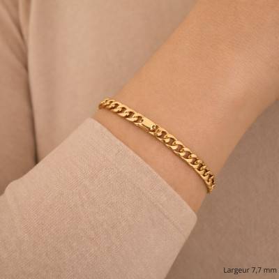 Bracelet Maille Gourmette en Plaqué Or Jaune, Longueur de 18 cm à 21 cm, Largeur 7,70 mm - Manillon