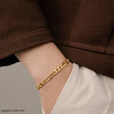 Bracelet Maille Figaro en Plaqué Or Jaune, Longueur de 18 cm à 21 cm, Largeur 7,60 mm - Manillon