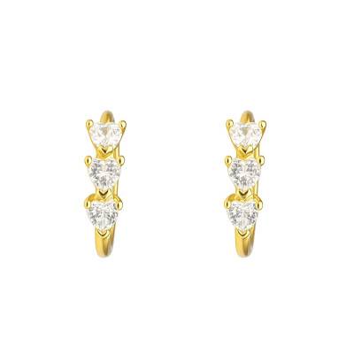 375 Yellow Gold & Cubic Zirconia Triple Heart Hoop Earrings, 15 mm Diameter - Emanessence