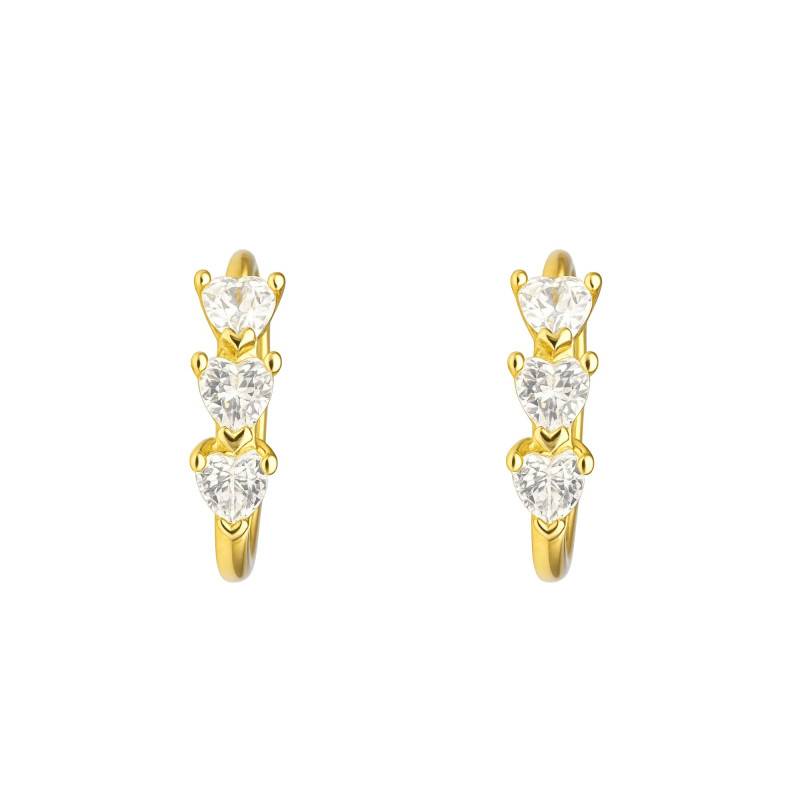 375 Yellow Gold & Cubic Zirconia Triple Heart Hoop Earrings, 15 mm Diameter - Emanessence