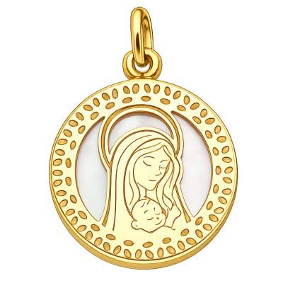 Pendentif Vierge à l'Enfant en Or Jaune 375 & Nacre, Diamètre 14,50 mm - Vandona