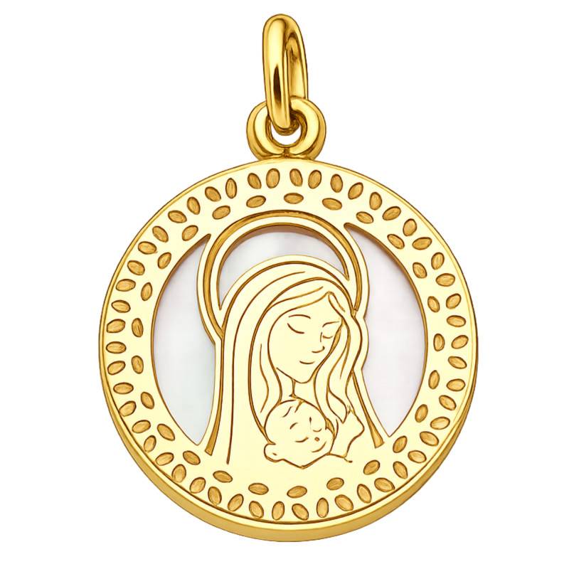 375 Yellow Gold & Mother-of-Pearl Madonna and Child Pendant, 14.50 mm Diameter - Vandona