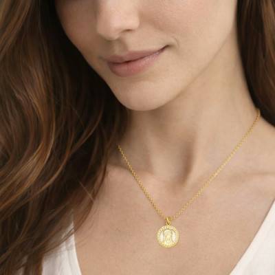 Pendentif Vierge à l'Enfant en Or Jaune 375 & Nacre, Diamètre 14,50 mm - Vandona
