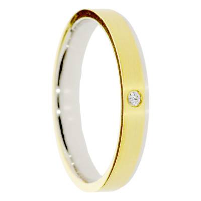 Alliance Ruban Brossée en 2 Ors Blanc et Jaune 375 & Diamant de 0,015 ct, Largeur 3 à 5 mm - Amore