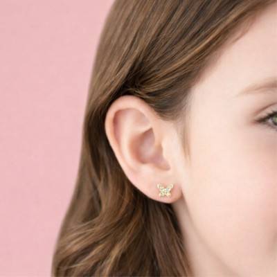 Boucles d'Oreilles Puces Papillon en Or Jaune 375 & Oxydes de Zirconium - Bambins