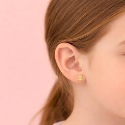 375/1000 Yellow Gold Owl Stud Earrings - Bambins