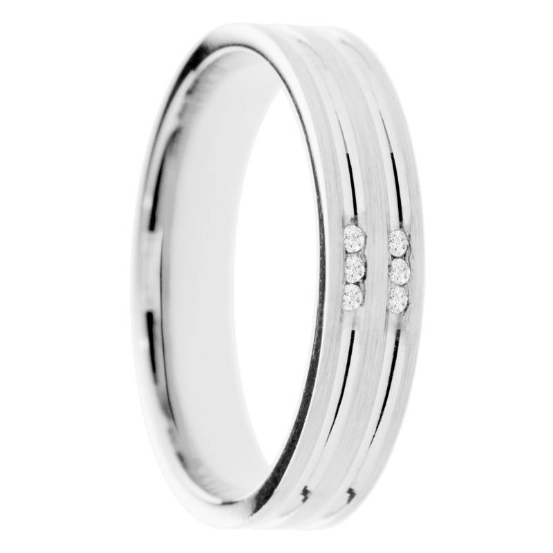 Alliance Concave Brossé en Or Blanc 375 et Diamants 0,03 ct, Largeur 4 ou 5 mm - Amore