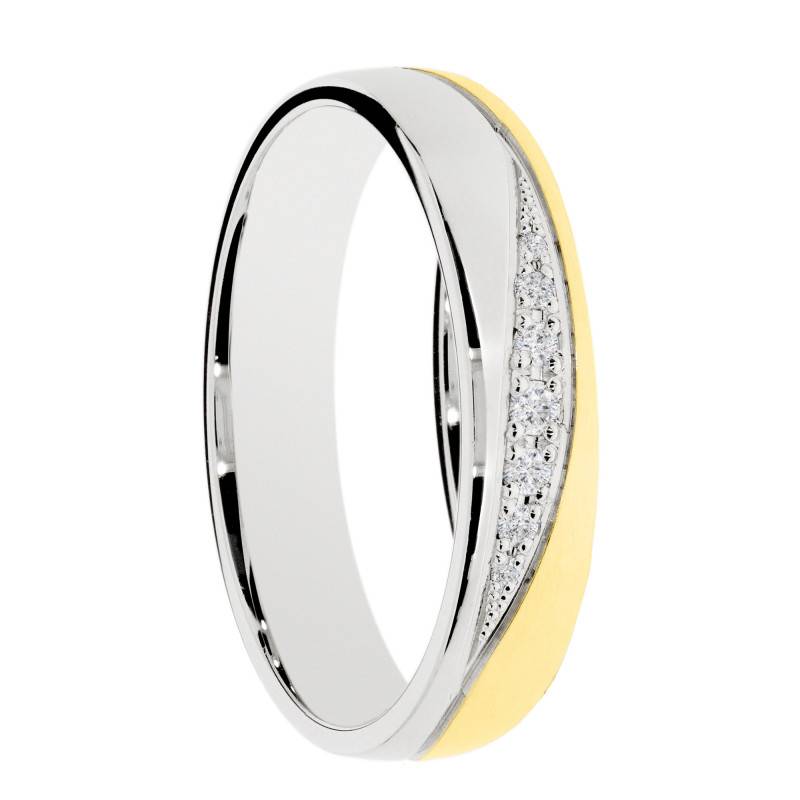 Alliance Demi-Bombée en 2 Ors Blanc et Jaune 375 & Diamants 0,061 ct, Largeur 4 ou 5 mm - Amore