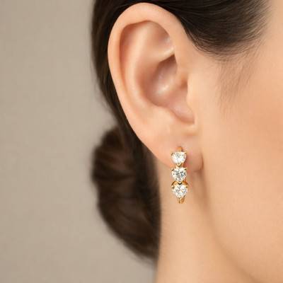 375 Yellow Gold & Cubic Zirconia Triple Heart Hoop Earrings, 15 mm Diameter - Emanessence