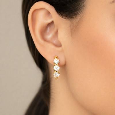 375 Yellow Gold & Cubic Zirconia Triple Diamond-Shape Hoop Earrings, 14 mm Diameter - Emanessence