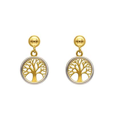 375/1000 Yellow & White Gold Two-Tone Tree of Life Drop Earrings - Emanessence
