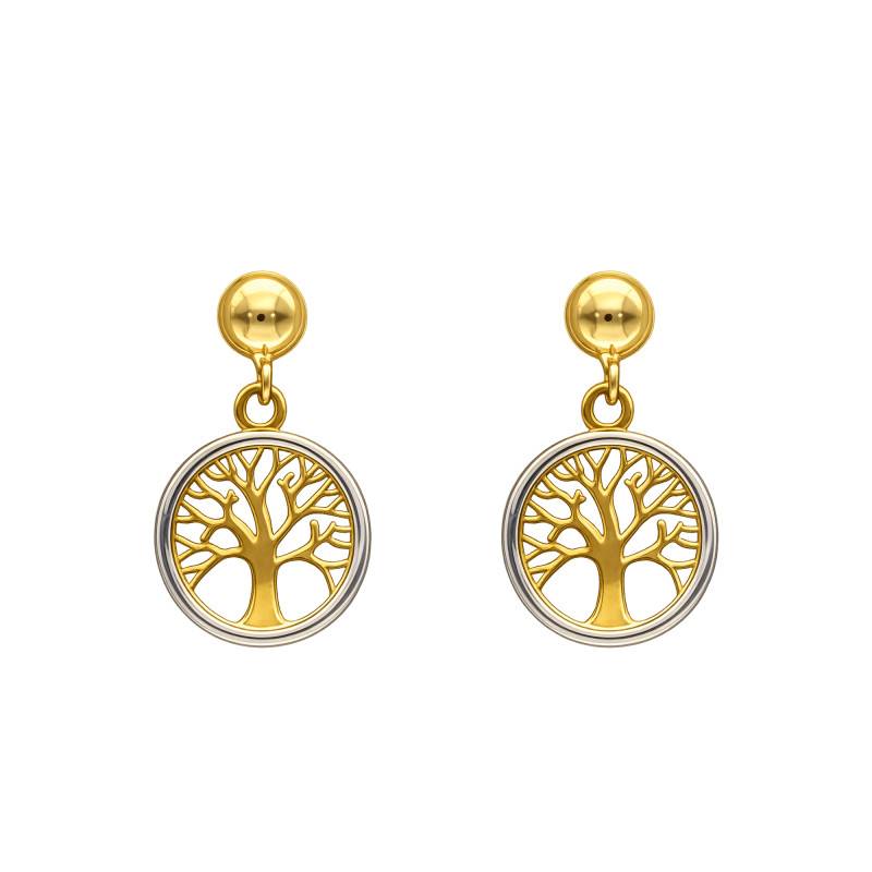 375/1000 Yellow & White Gold Two-Tone Tree of Life Drop Earrings - Emanessence