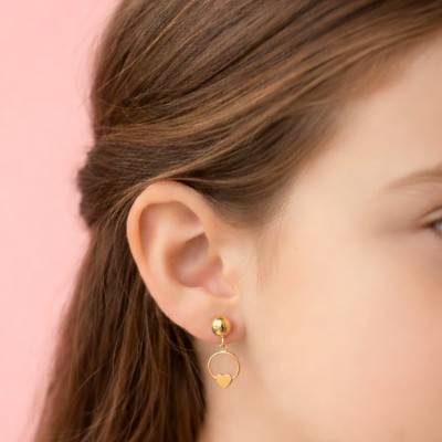 Boucles d'Oreilles Pendantes Cercle & Coeur en Or Jaune 375 - Bambins