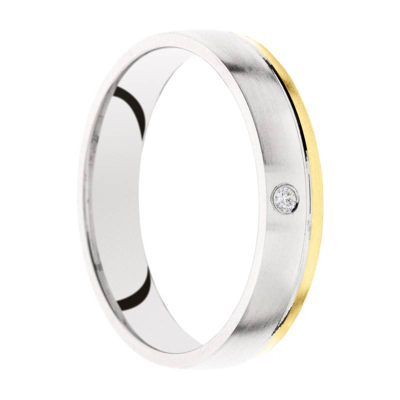Alliance Demi-Bombée Brossée en 2 Ors Jaune et Blanc 375 & Diamant 0,015 ct, Largeur 4 ou 5 mm - Amore