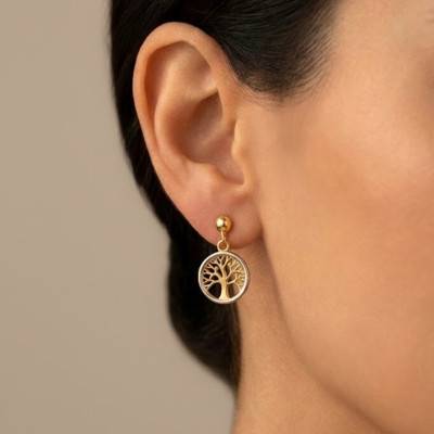 375/1000 Yellow & White Gold Two-Tone Tree of Life Drop Earrings - Emanessence