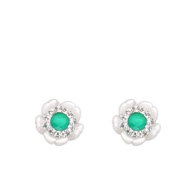 Boucles d'Oreilles Fleur en Or Jaune 375, Nacre & Oxydes de Zirconium Vert - Aurora