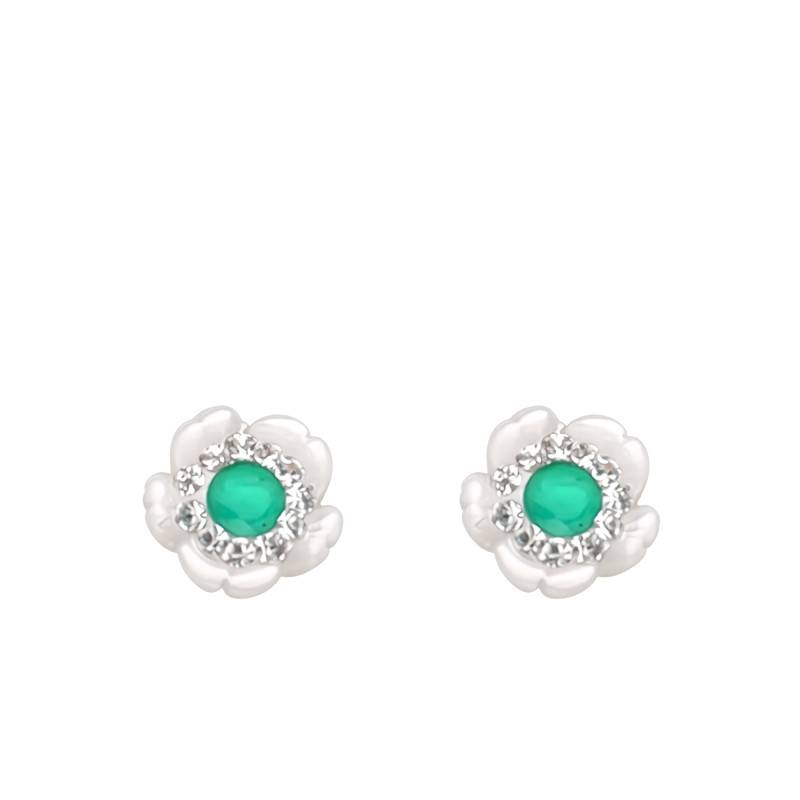 375 Yellow Gold, Mother-of-Pearl & Green Cubic Zirconia Flower Earrings - Aurora