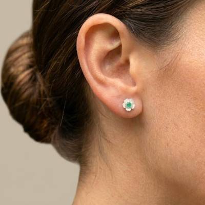 Boucles d'Oreilles Fleur en Or Jaune 375, Nacre & Oxydes de Zirconium Vert - Aurora