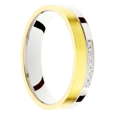Alliance Ruban Brossée en 2 Ors Blanc et Jaune & Diamants 0,035 ct, Largeur 4 ou 5 mm - Amore