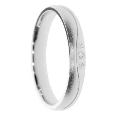 Alliance Demi-Bombée Sablée en Or Blanc 375 & Diamants 0,018 ct, Largeur 3 à 5 mm - Amore