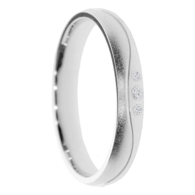 Alliance Demi-Bombée Sablée en Or Blanc 375 & Diamants 0,018 ct, Largeur 3 à 5 mm - Amore