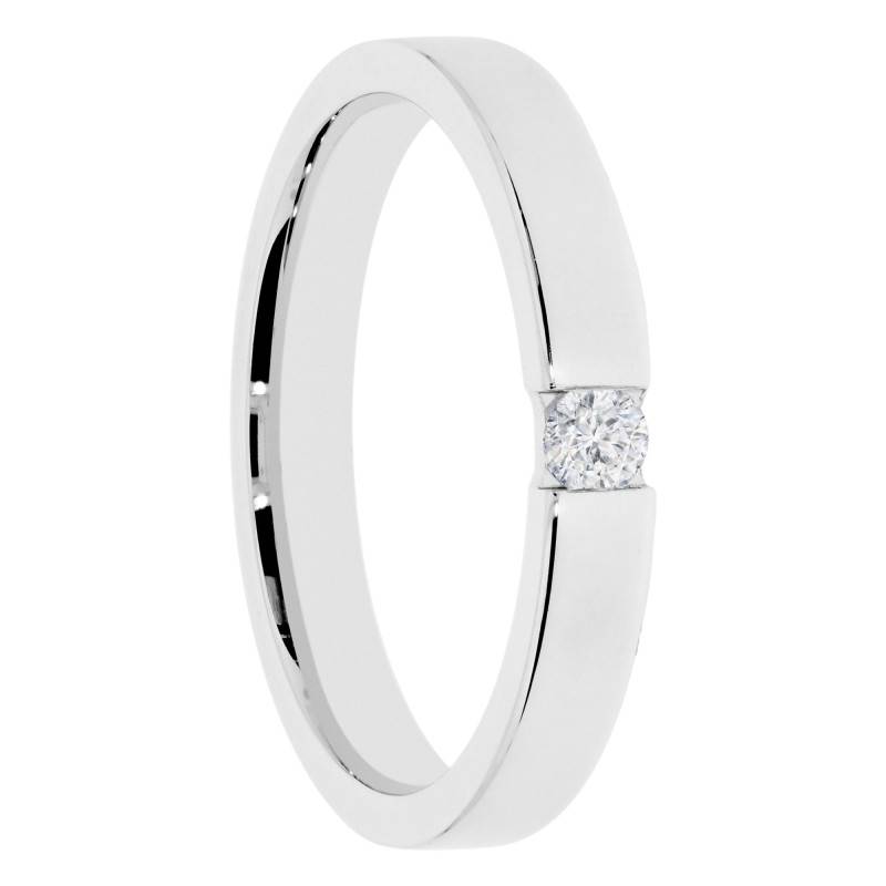 Alliance Ruban Polie Satinée en Or Blanc 375 & Diamant de Synthèse 0,08 ct, Largeur 3 mm - Amore