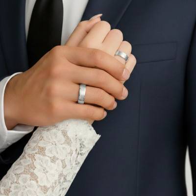 Alliance Demi-Bombée Brossée Rainurée en Or Blanc 375, Largeur 5mm - Amore