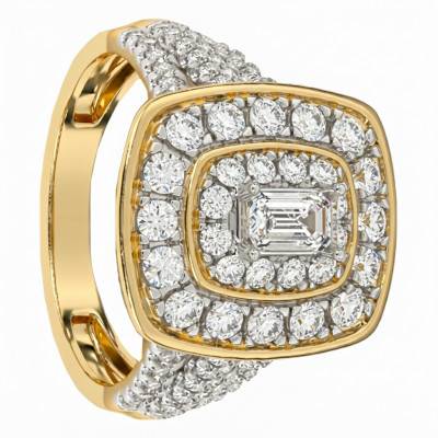Bague en Or Jaune 750 Rhodié & Diamants et Diamant Central Emeraude 0,30 ct HSI1 - Divine