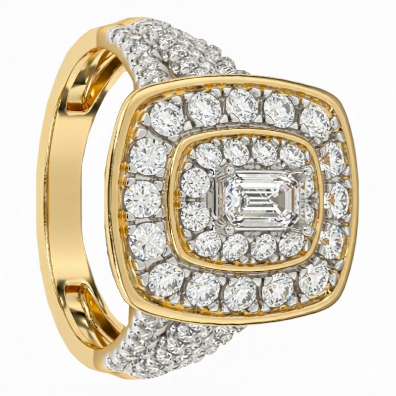 Bague en Or Jaune 750 Rhodié & Diamants et Diamant Central Emeraude 0,30 ct HSI1 - Divine