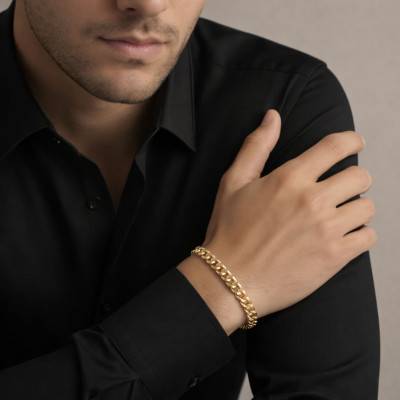 Yellow Gold-Plated Cuban Chain Bracelet, Length 18 cm to 21 cm, Width 5.70 mm - Manillon