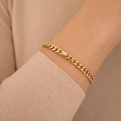 Yellow Gold-Plated Curb Chain Bracelet, Length 18 cm to 21 cm, Width 7.70 mm - Manillon