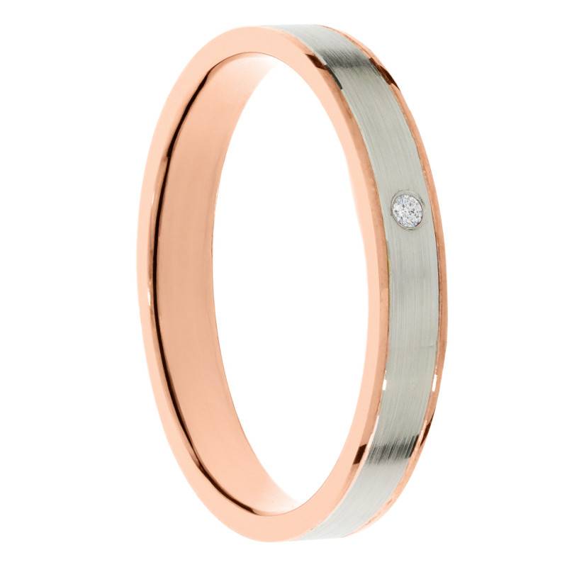 Alliance Ruban Superposée en 2 Ors Blanc et Rose 375 & Diamant 0,01 ct, Largeur 3 à 5 mm - Amore