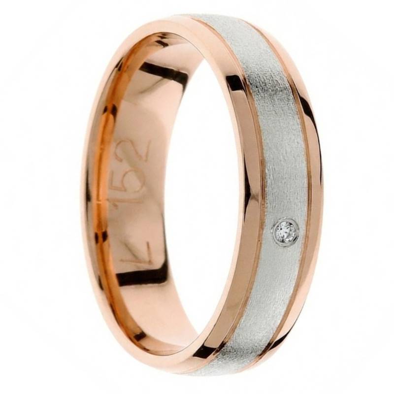 Alliance Concave 2 ors Rose et Blanc 375 & Diamant de Synthèse 0,01 ct, Largeur 4 et 5 mm - Amore