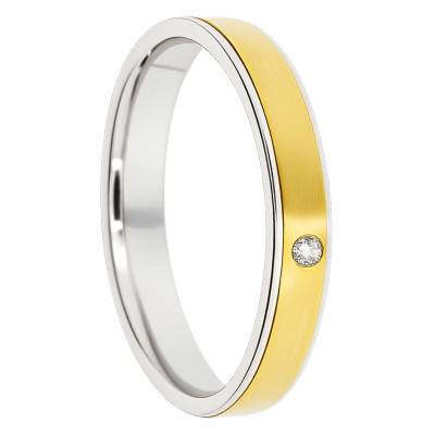 Alliance Ruban en 2 Ors Jaune et Blanc 375 & Diamant 0,015 ct, Largeur 3 mm à 5 mm - Amore