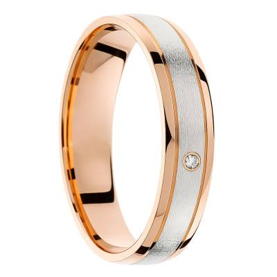 Alliance Concave 2 ors Rose et Blanc 375 & Diamant de Synthèse 0,01 ct, Largeur 4 ou 5 mm - Amore