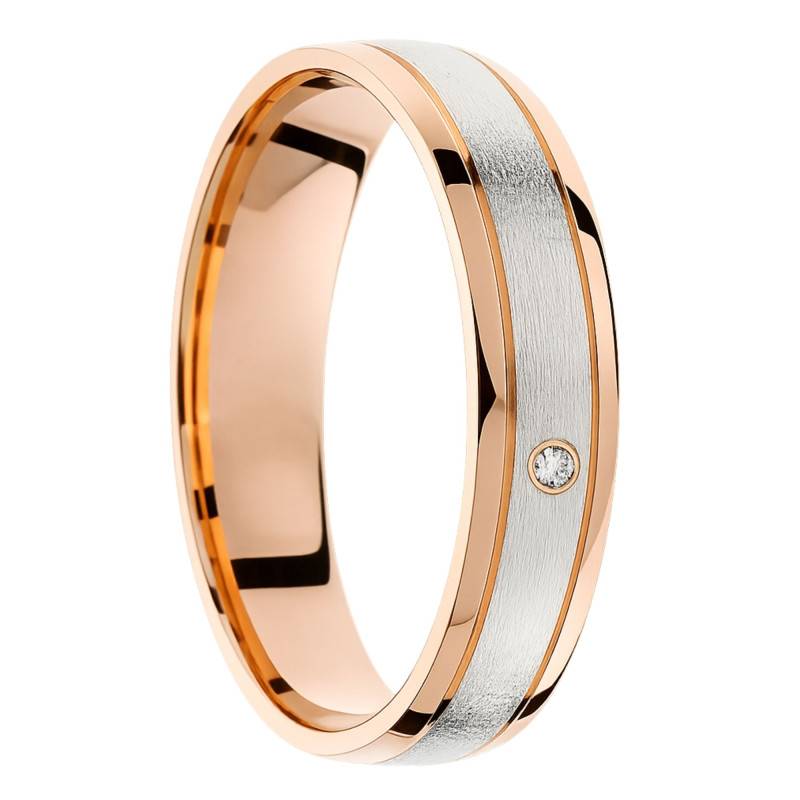 Alliance Concave 2 ors Rose et Blanc 375 & Diamant de Synthèse 0,01 ct, Largeur 4 ou 5 mm - Amore