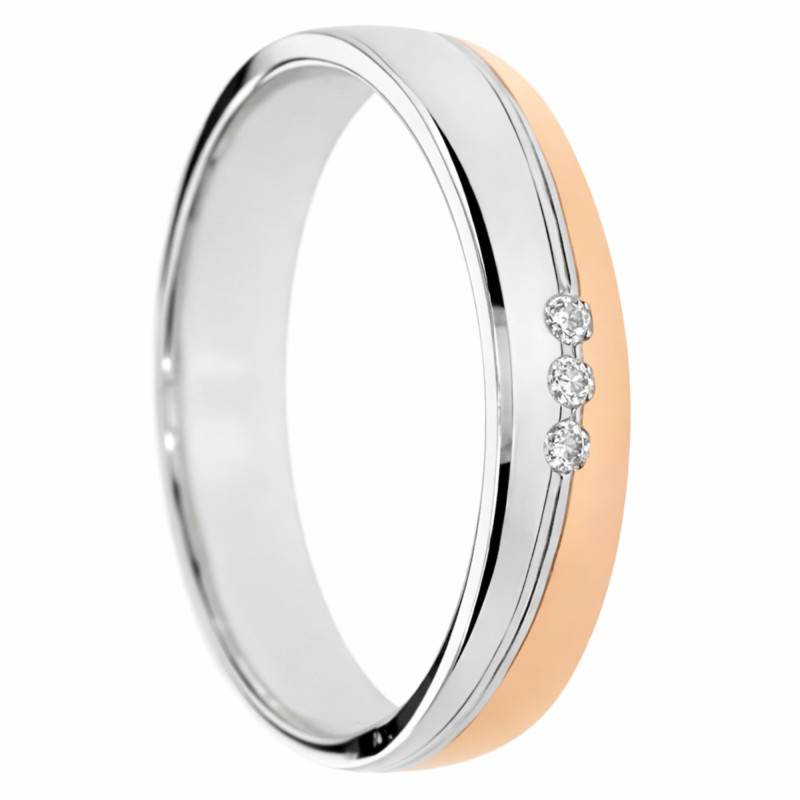 Alliance Demi-Bombée 2 ors Rose et Blanc 375 & Diamants de Synthèse 0,03 ct, Largeur 4 et 5 mm - Amore