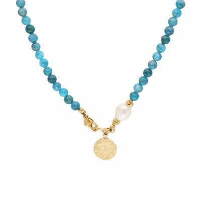 Collier Médaille Martelée en Plaqué Or et Pierres d'Apatite Bleues, Longueur 44 cm - Etrusca Gioielli