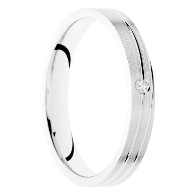Alliance Ruban Brossée en Or Blanc 375 & Diamant de Synthèse 0,015 ct, Largeur 3 à 5mm - Amore