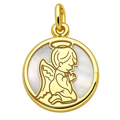 750 Yellow Gold & White Mother-of-Pearl Praying Angel Medal, 14.50 mm Diameter - Lumiosa