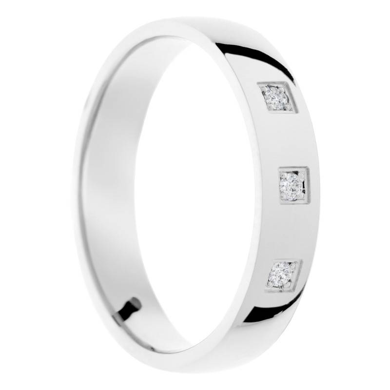 Alliance Demi-Bombée Polie en Or Blanc 375, Diamants de Synthèse 0,045 ct, Largeur 4 ou 5 mm - Amore