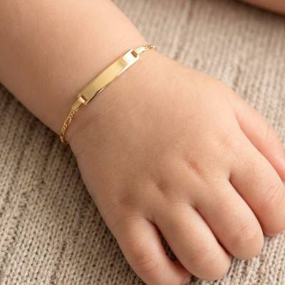 375/1000 or 750/1000 Yellow Gold Rectangular Baby ID Bracelet Triple Alternating Oval Link Chain, Adjustable Length 13 cm - Bambins