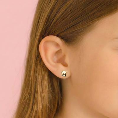 Boucles d'Oreilles en Or Jaune & Panda Email - Bambins