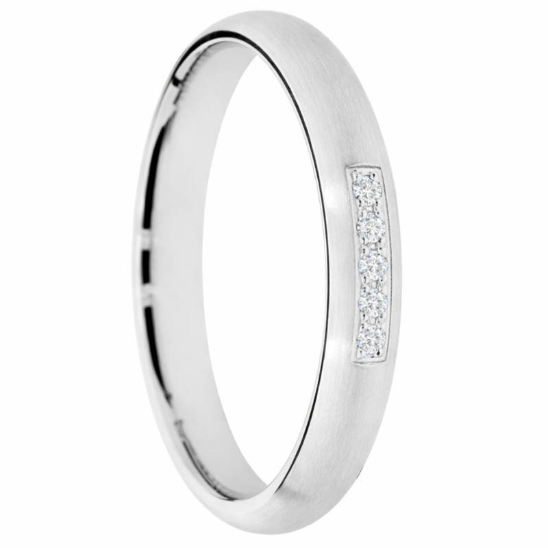 Alliance Demi-Jonc Brossée en Or Blanc 375 & Diamants de Synthèse 0,05 ct, Largeur 3 à 5 mm - Amore