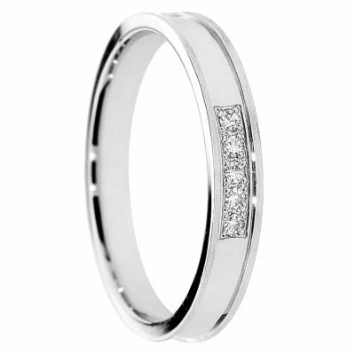 Alliance Concave Brossée en Or Blanc 375 & Diamants de Synthèse 0,05 ct, Largeur 3 à 5 mm - Amore