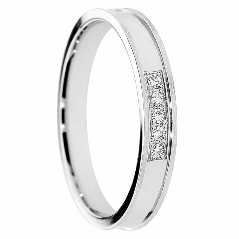Alliance Concave Brossée en Or Blanc 375 & Diamants de Synthèse 0,05 ct, Largeur 3 à 5 mm - Amore